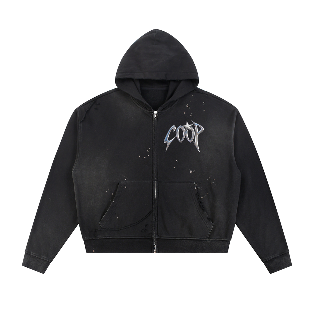 Sun Fade Frayed Raw Edge Fleece Zip Hoodie